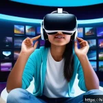 Home 18 스토리텔러와 스토리텔링 기술의 미래 - A vibrant and immersive virtual reality storytelling scene featuring a young Indian woman wearing mo...