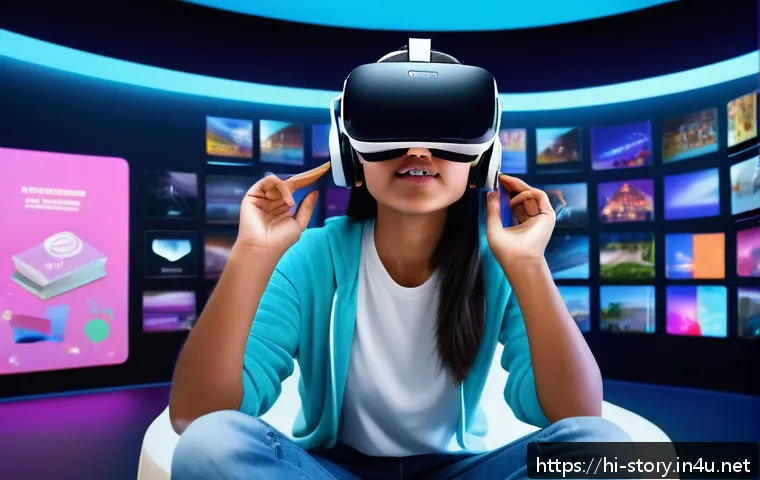 스토리텔러와 스토리텔링 기술의 미래 - A vibrant and immersive virtual reality storytelling scene featuring a young Indian woman wearing mo...