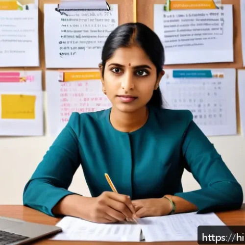 Home 17 스토리텔러가 작성한 주요 스토리 사례 - A young Indian professional woman in traditional yet modern attire, sitting at a desk surrounded by ...