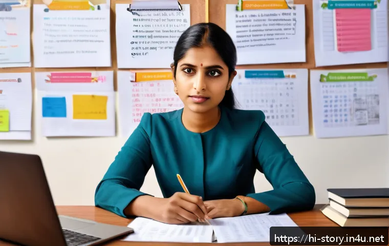 스토리텔러가 작성한 주요 스토리 사례 - A young Indian professional woman in traditional yet modern attire, sitting at a desk surrounded by ...