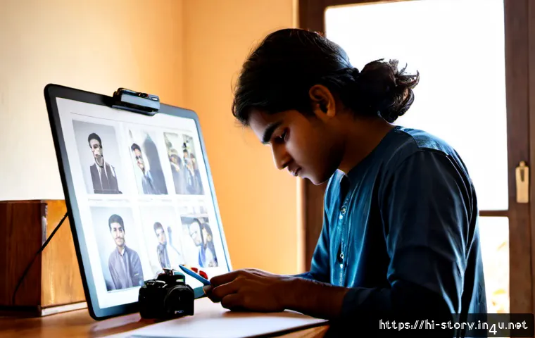 스토리텔러 관련 포트폴리오 작성 팁 - Photorealistic editorial scene of a young Indian storyteller curating a professional portfolio at a ...