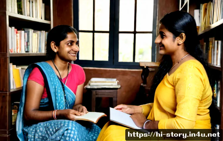 Home 13 스토리텔러로서의 자부심 키우기 - Photorealistic Indian storyteller seated confidently in a warm home library, holding an open blank n...