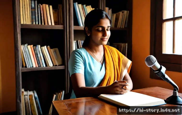 Home 15 스토리텔러 직업의 장단점과 도전 과제 분석과 사례 연구와 전략 - Photorealistic editorial scene of an Indian Hindi storyteller in a warm home studio, seated at a woo...