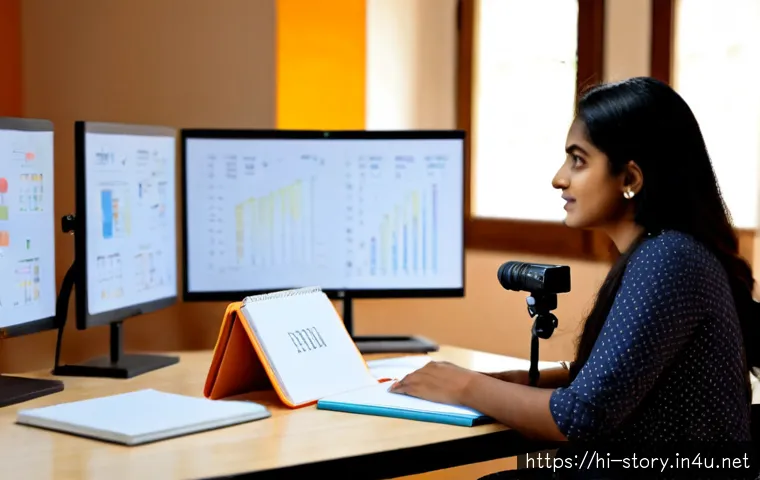 스토리텔러 관련 주요 동향 분석 - Photorealistic Indian female storyteller in a warm modern studio, seated at a wooden desk with a mic...