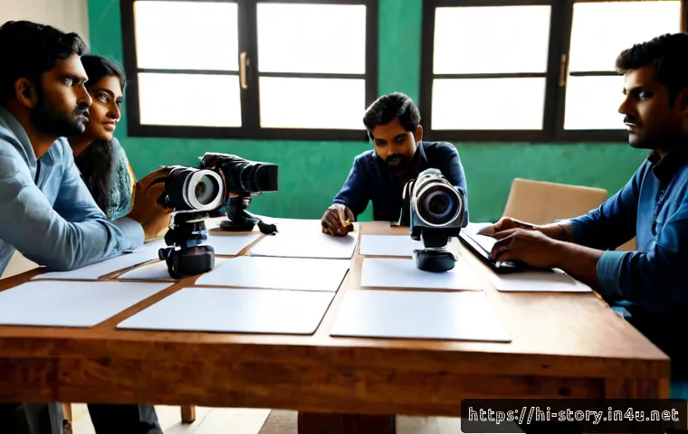 스토리텔러 관련 산업 현황 - Photorealistic modern storytelling industry workspace in India, diverse Hindi-speaking creative prof...