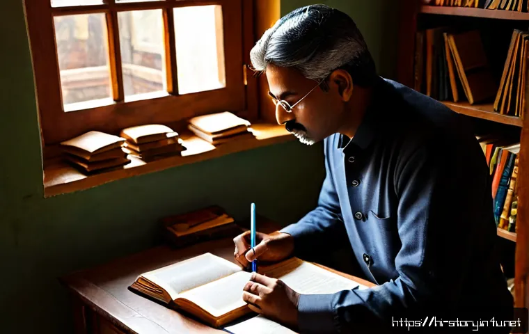 Home 17 스토리텔러 관련 학습 자료와 추천 도서 - Photorealistic Indian storyteller studying at a tidy wooden desk, thoughtfully arranging several ope...