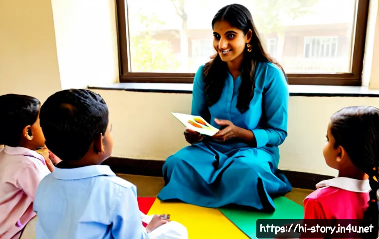 스토리텔러 자격증과 관련된 실무 사례 - Photorealistic Indian female storyteller in modest professional attire leading an engaging children’...