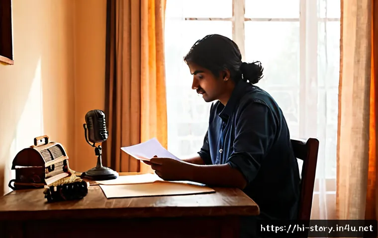 Home 17 스토리텔러의 창의적 작업 프로세스 - Photorealistic Indian storyteller in a warm home studio, seated at a wooden desk with blank note car...