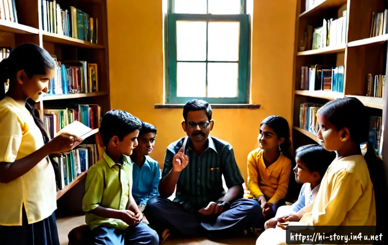 스토리텔러의 역할과 필요성 - Photorealistic Indian storyteller seated in a warmly lit community library, sharing an expressive na...